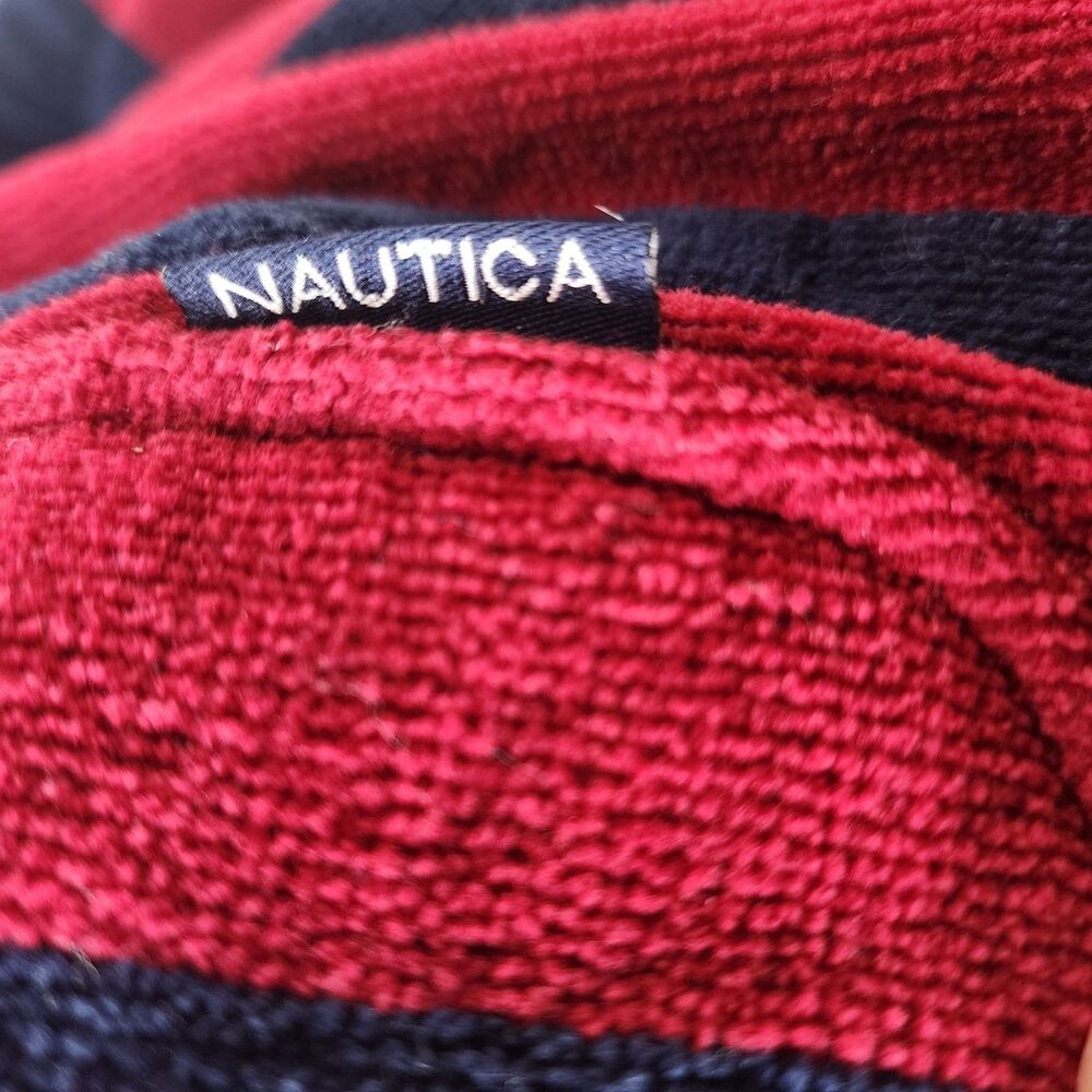 Vintage Nautica Long Robe Mens Heavyweight Terry Cloth Striped Red Navy Blue - Picture 3 of 8